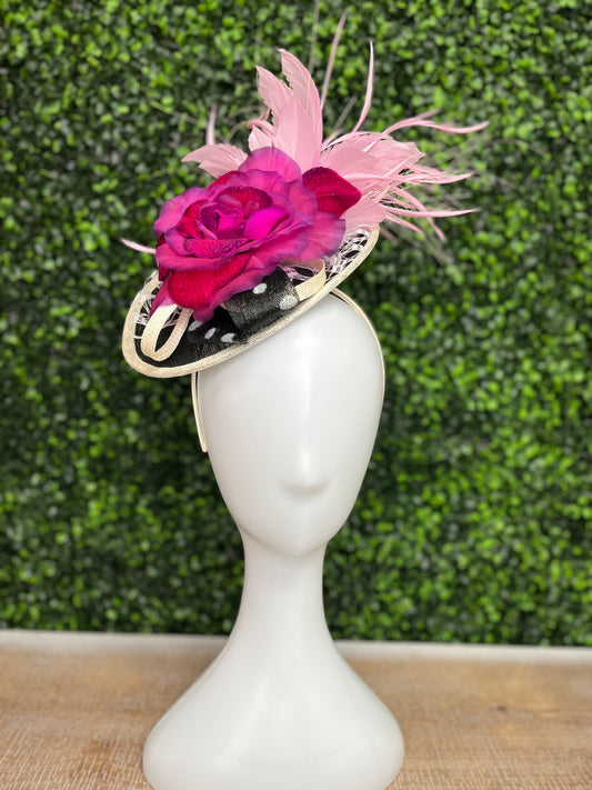 Handmade Black Polka Dot with Pink Fascinator Hat