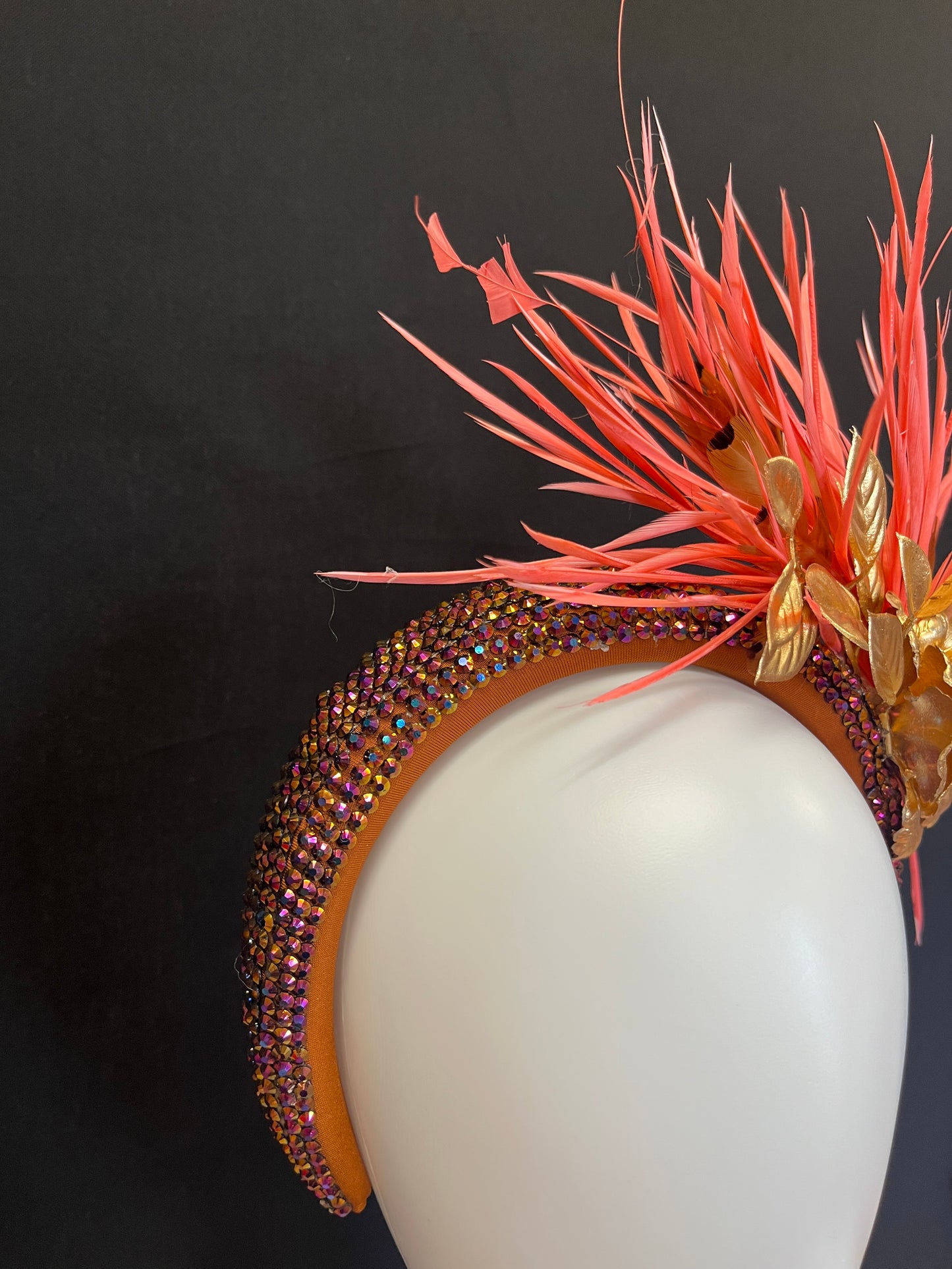 Handcrafted Coral and Brown Headband Fascinator