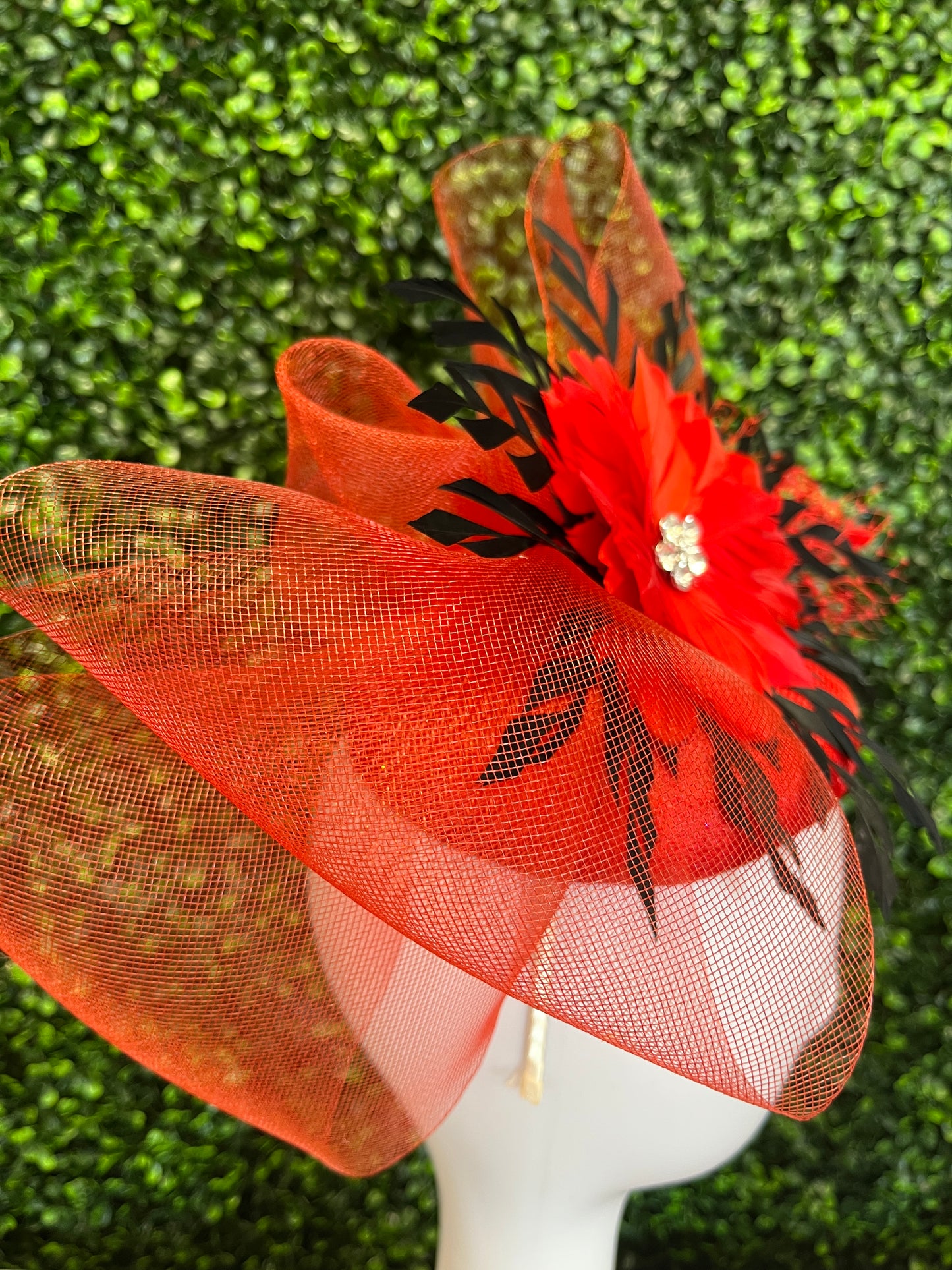 Red with Black Feather Flower Fascinator Hat