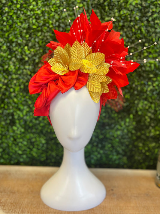 Handmade Red Satin Bow with Red Feathers Gold Leaves Fascinator Hat