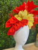 Handmade Red Satin Bow with Red Feathers Gold Leaves Fascinator Hat