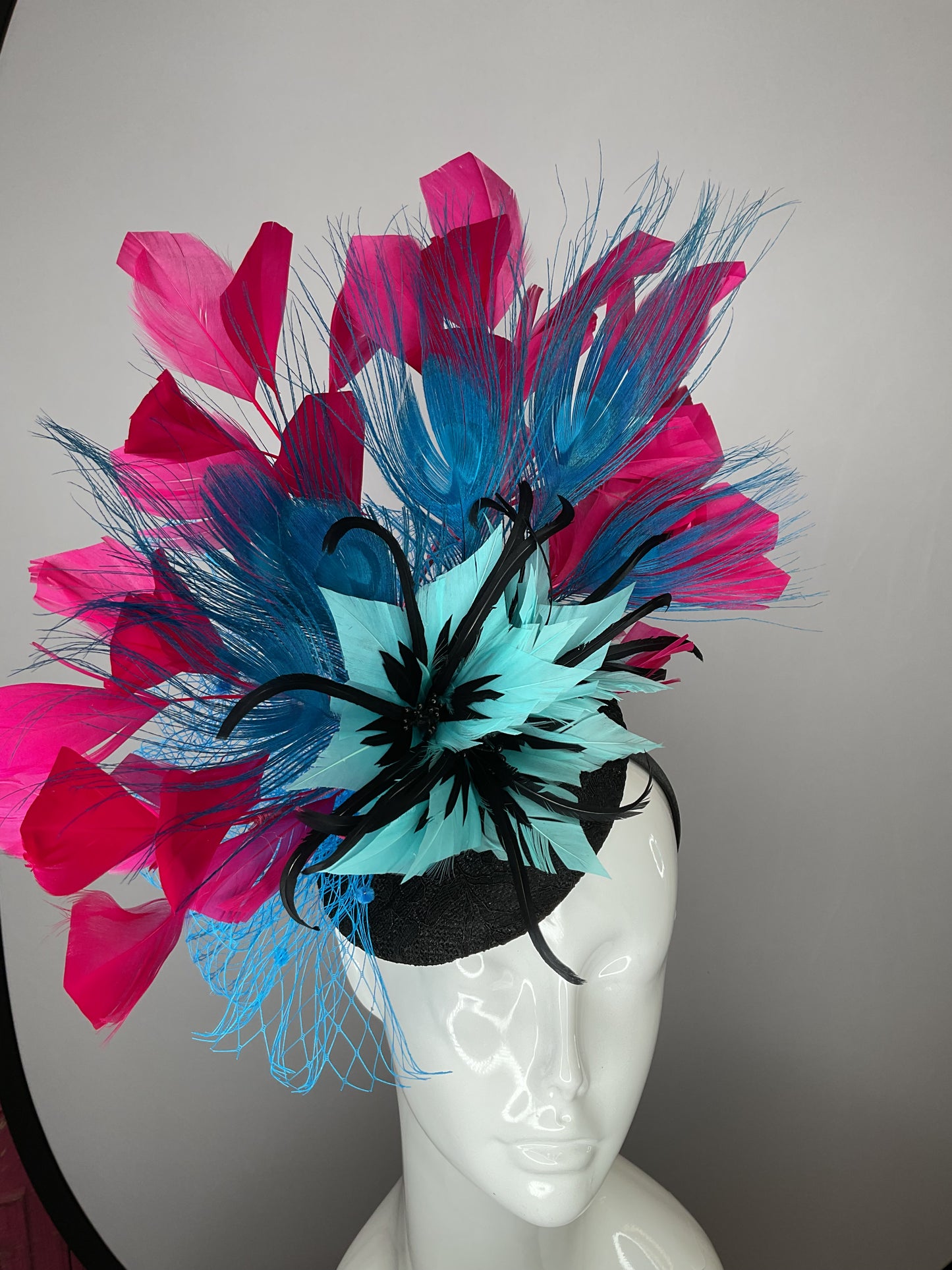 Turquoise Feather Flower and Hot Pink Feathers  Fascinator Hat