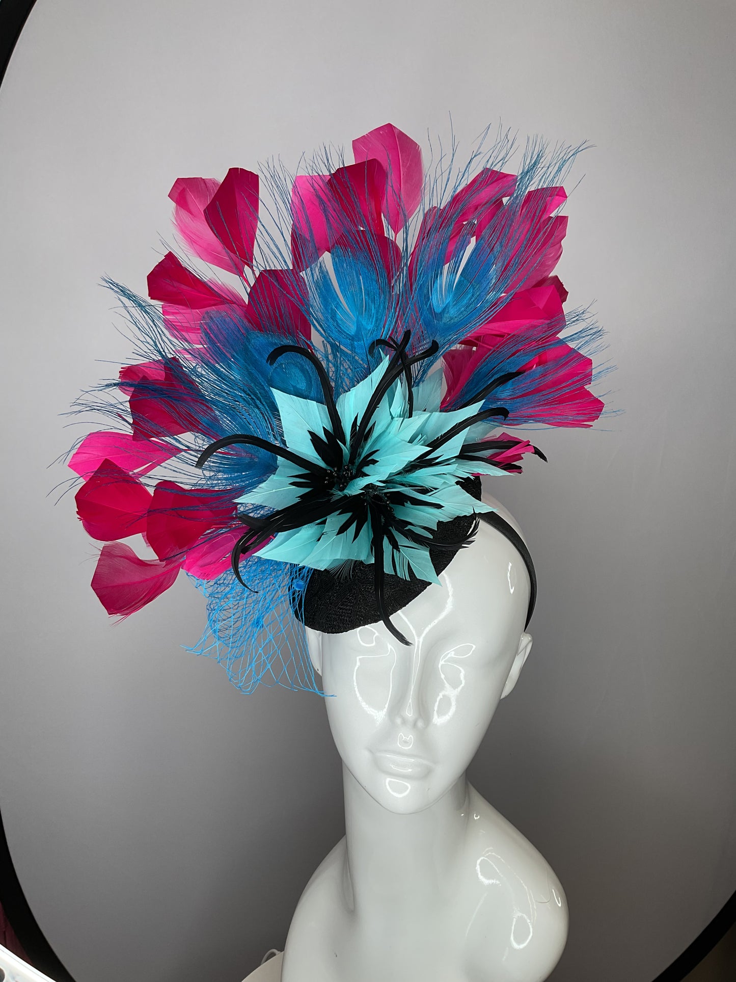 Turquoise Feather Flower and Hot Pink Feathers  Fascinator Hat