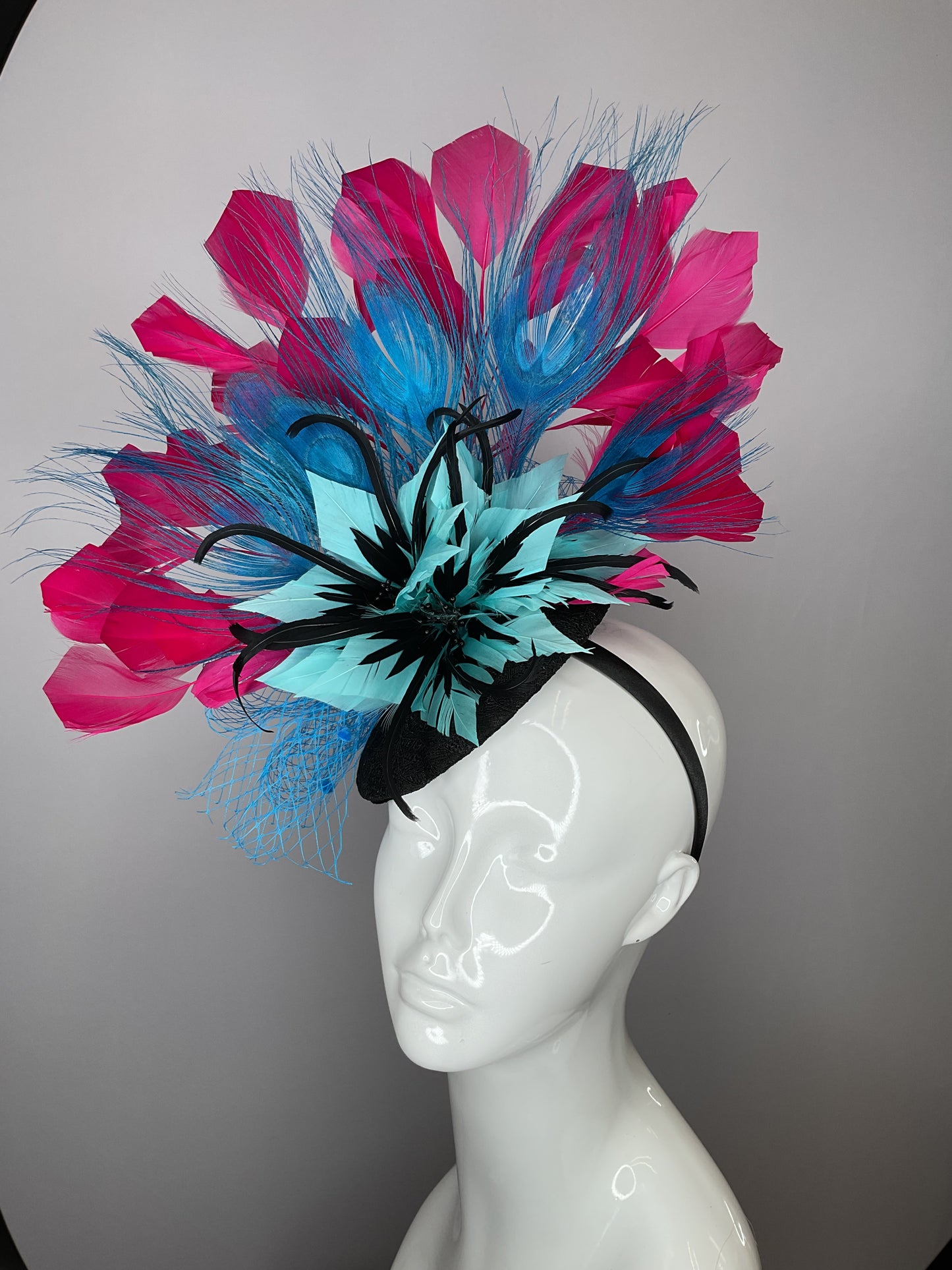 Turquoise Feather Flower and Hot Pink Feathers  Fascinator Hat