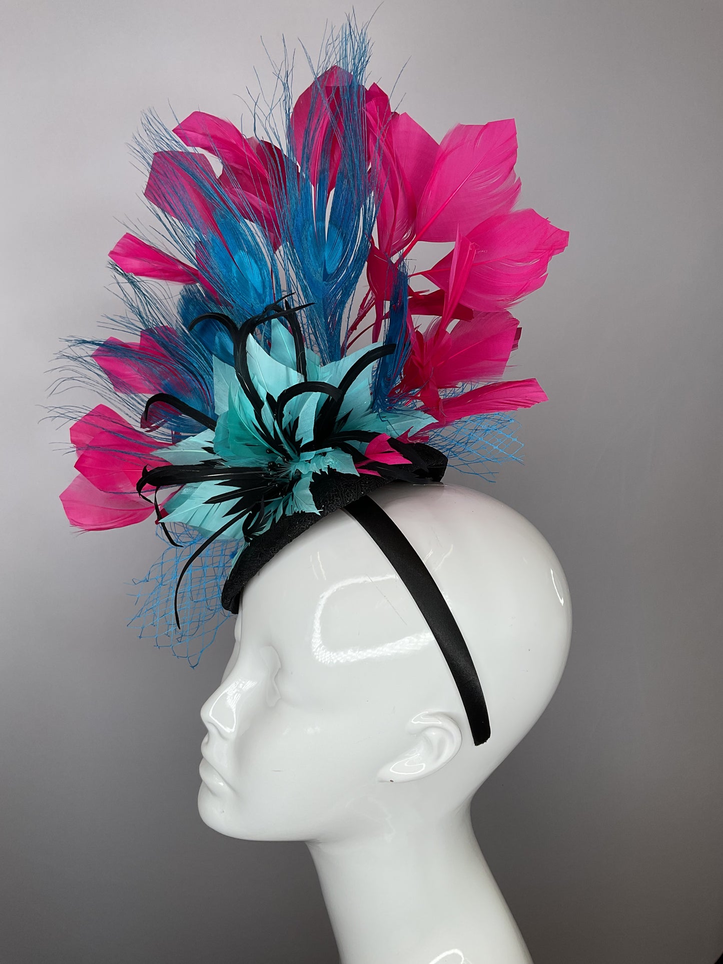 Turquoise Feather Flower and Hot Pink Feathers  Fascinator Hat