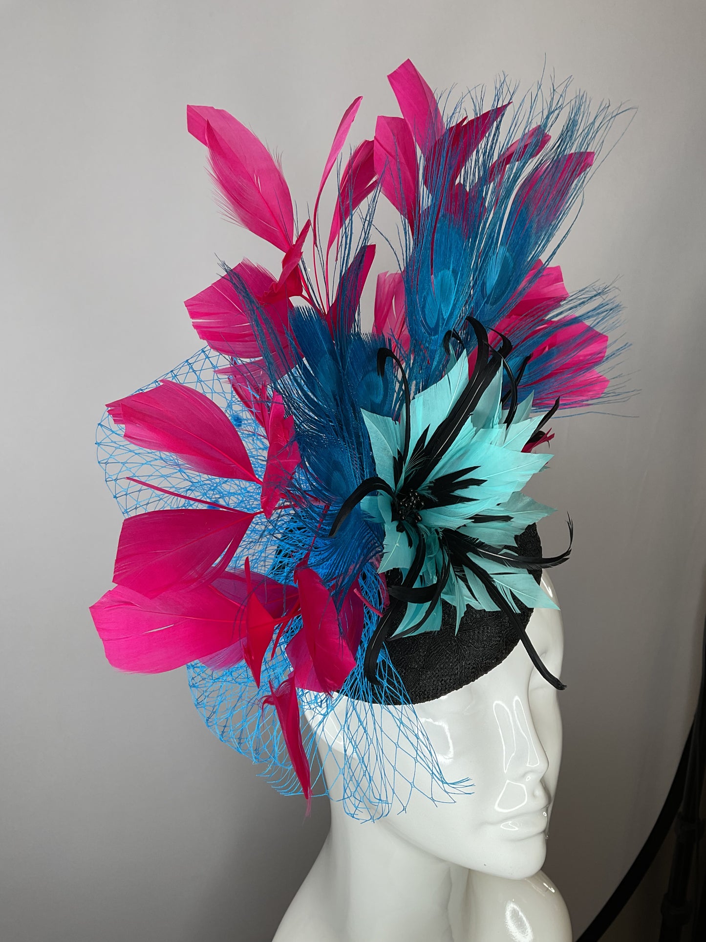 Turquoise Feather Flower and Hot Pink Feathers  Fascinator Hat