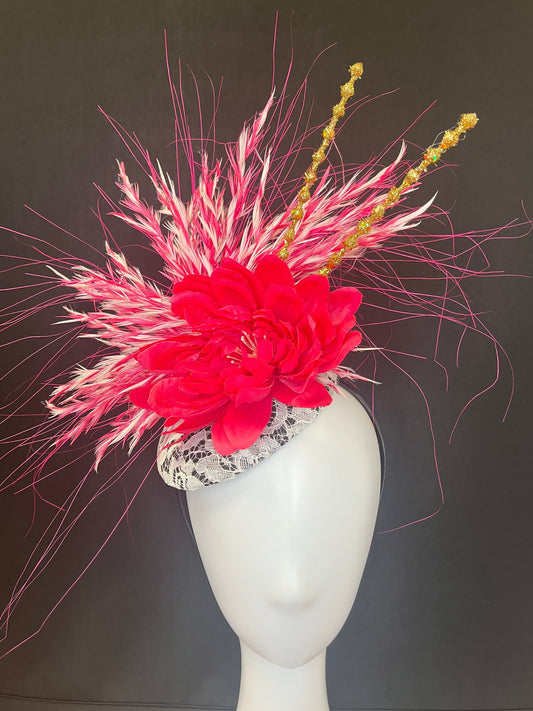 Handcrafted Black with White Lace Pink Feathers Fascinator Hat