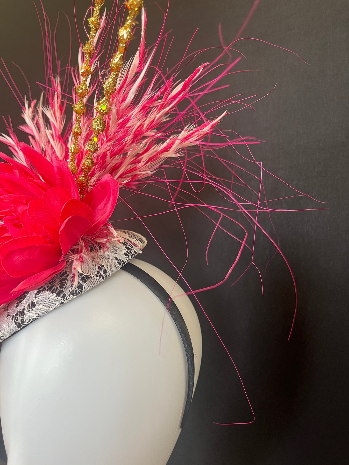 Handcrafted Black with White Lace Pink Feathers Fascinator Hat