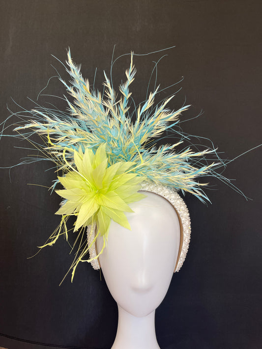 Yellow Green & Light Blue Fascinator Hat