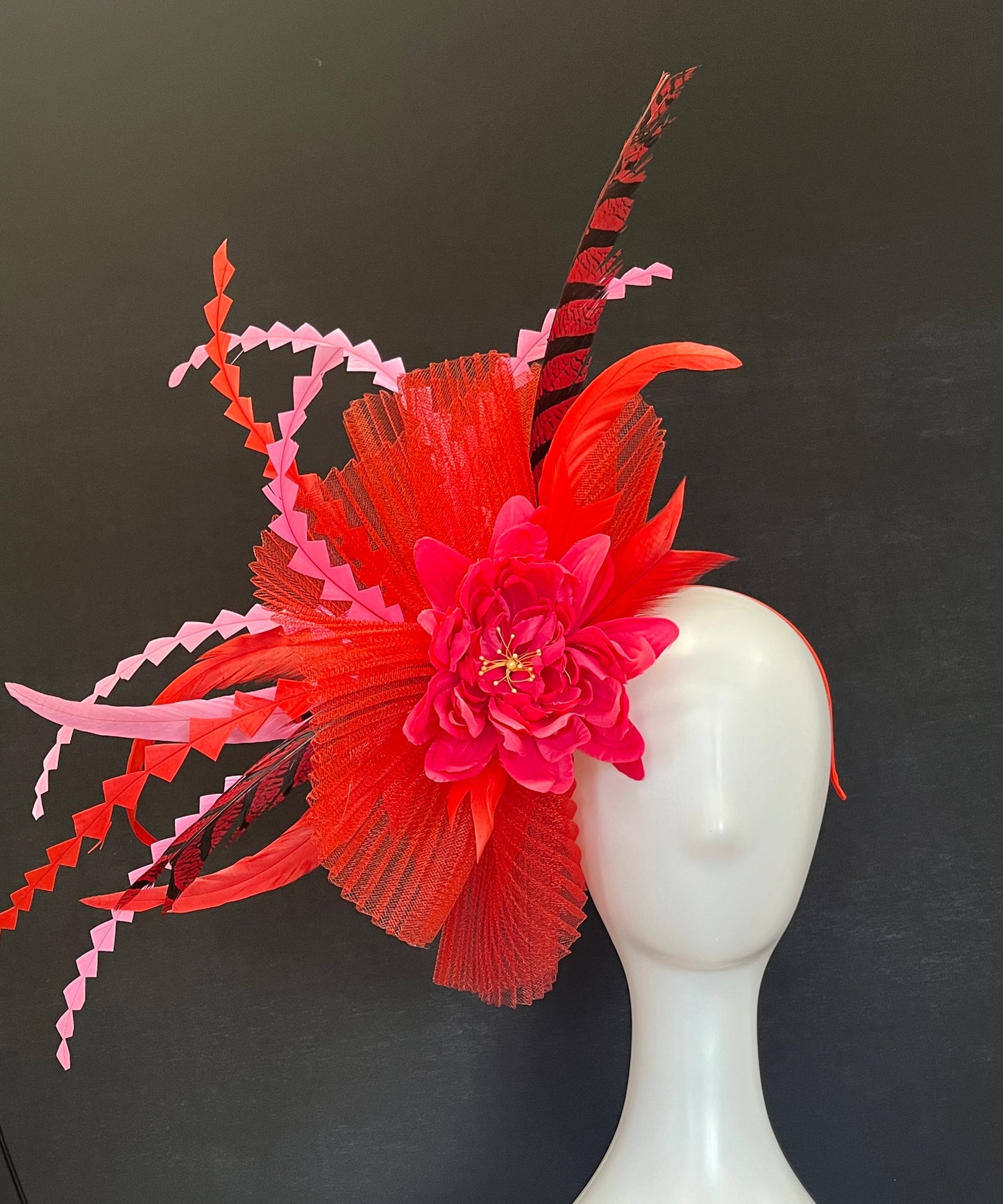 Red and Pink Pheasant Feather Fascinator