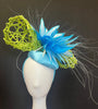 Kentucky Derby Handcrafted Lime Green and Blue Fascinator Hat Blue Feathers