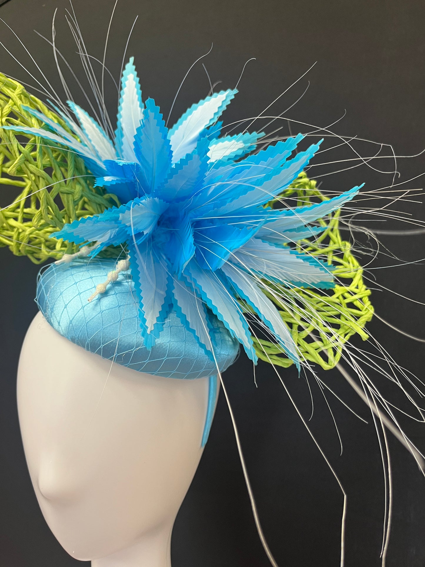 Kentucky Derby Handcrafted Lime Green and Blue Fascinator Hat Blue Feathers