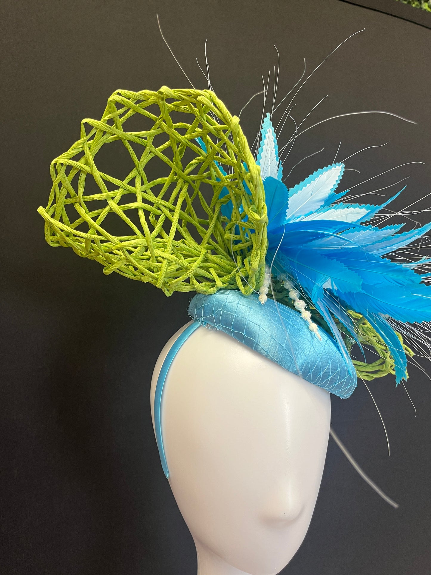 Kentucky Derby Handcrafted Lime Green and Blue Fascinator Hat Blue Feathers