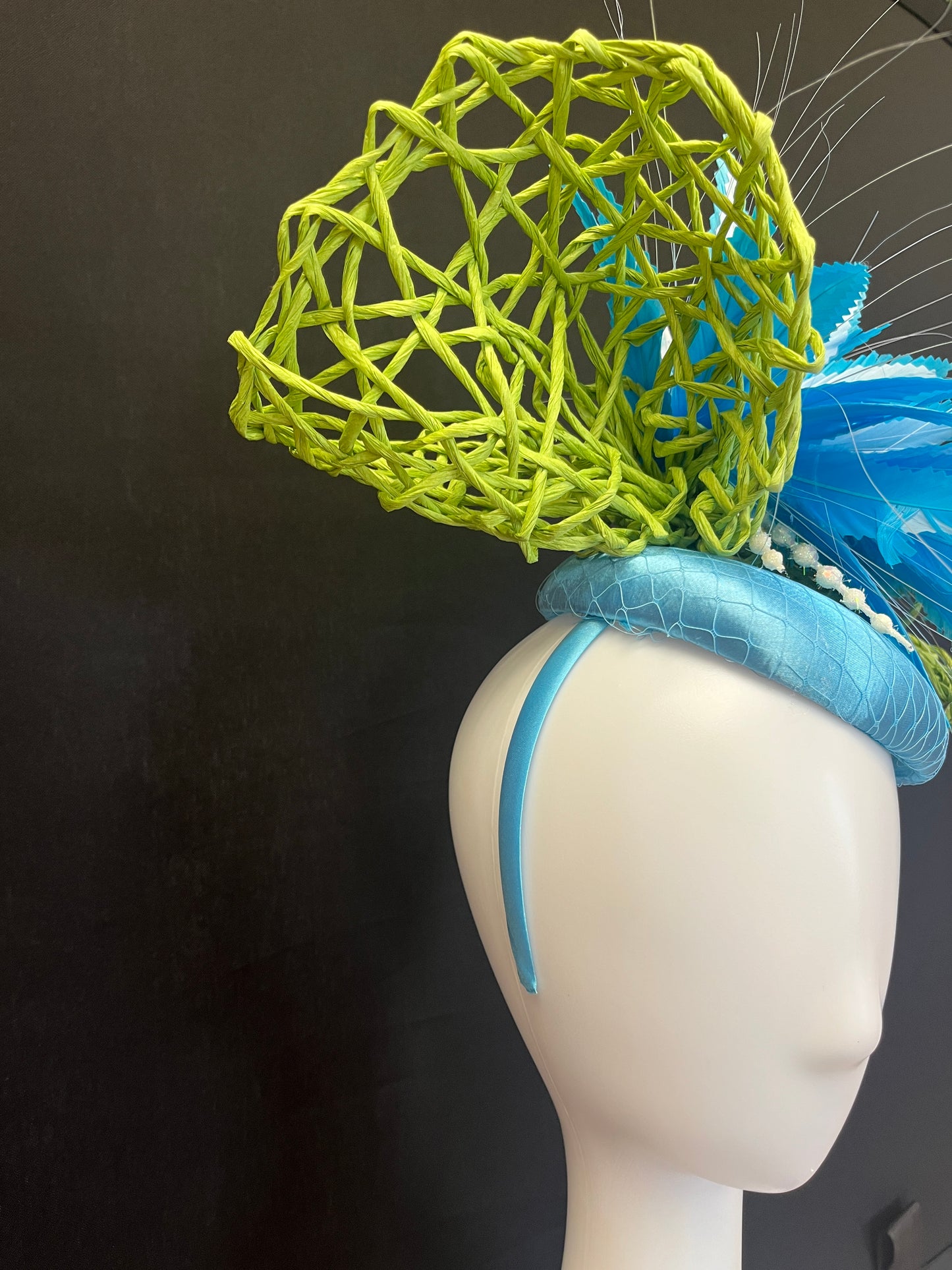 Kentucky Derby Handcrafted Lime Green and Blue Fascinator Hat Blue Feathers