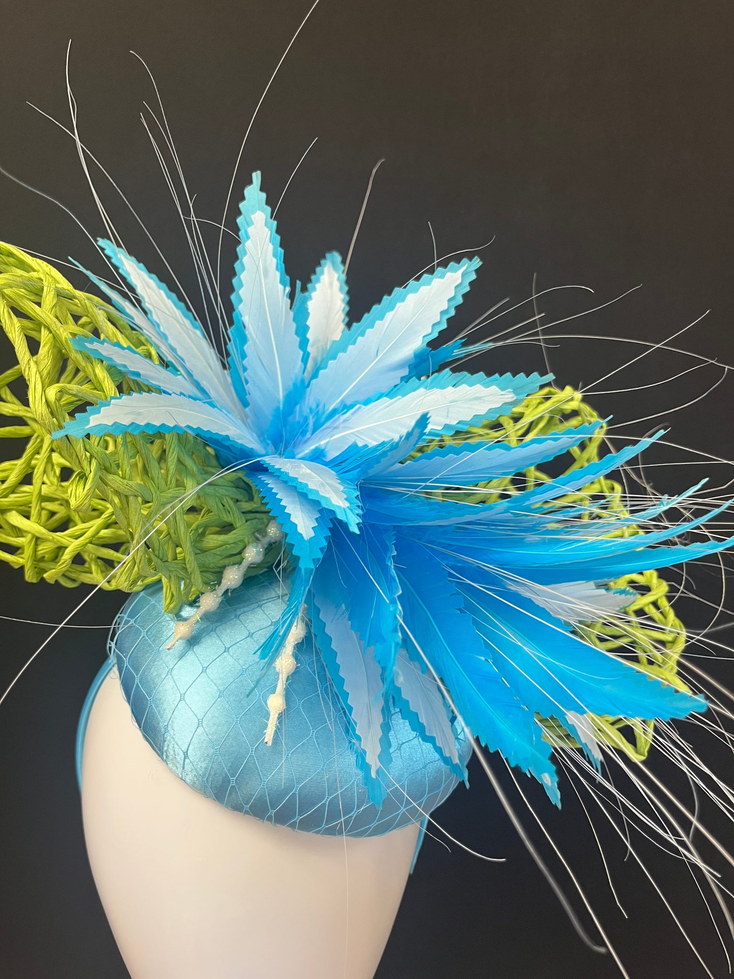 Kentucky Derby Handcrafted Lime Green and Blue Fascinator Hat Blue Feathers