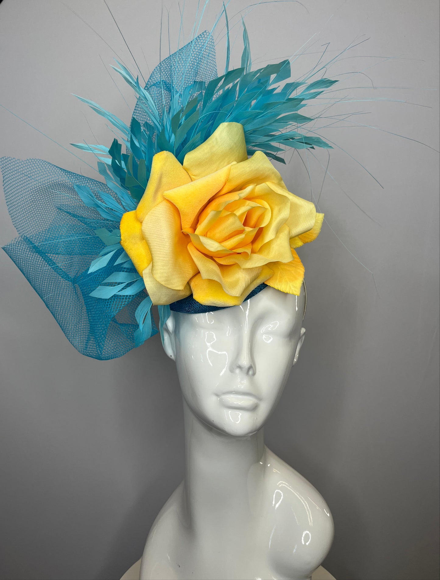 Turquoise Blue and Yellow Rose Fascinator Hat