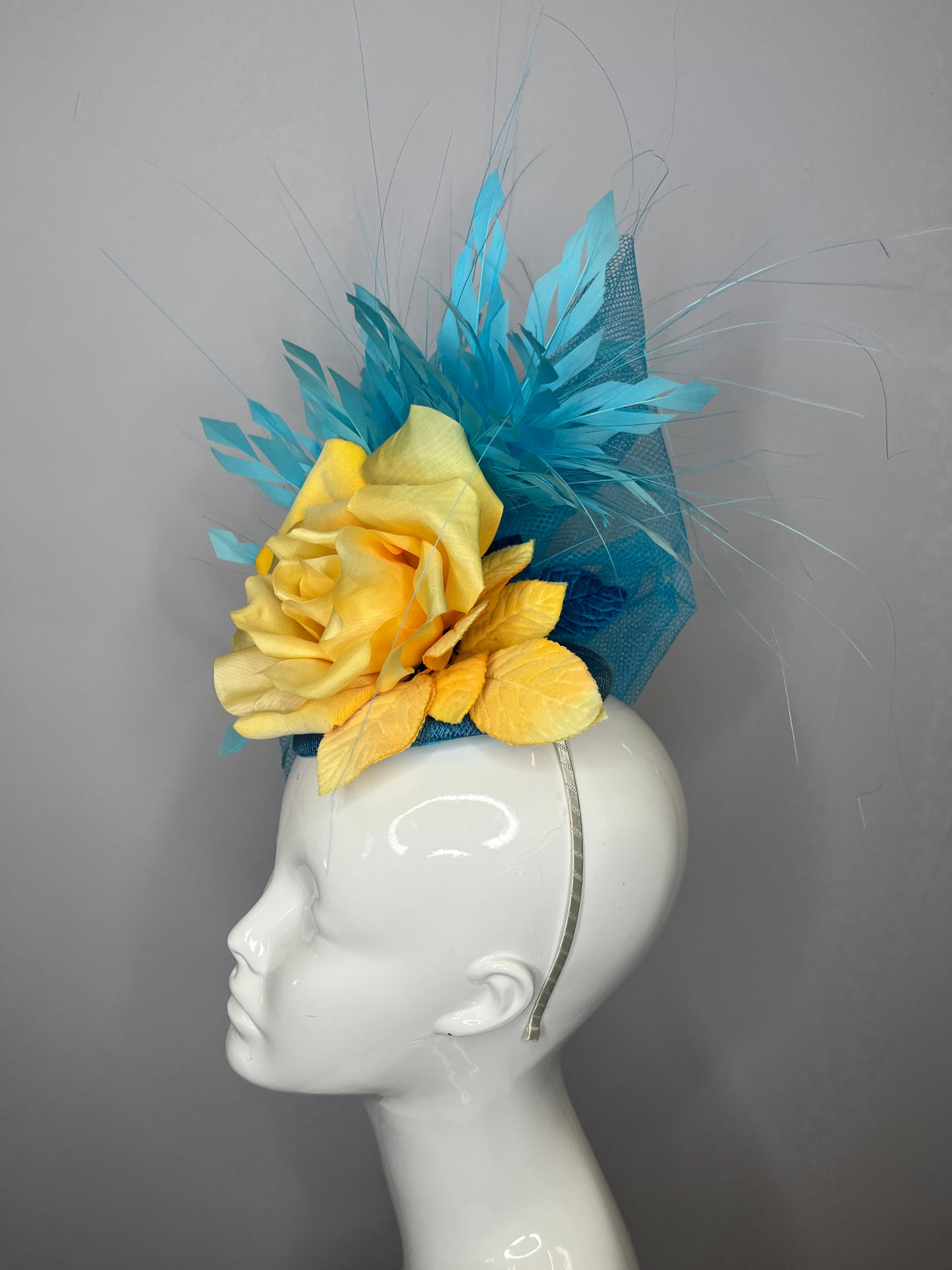 Turquoise Blue and Yellow Rose Fascinator Hat