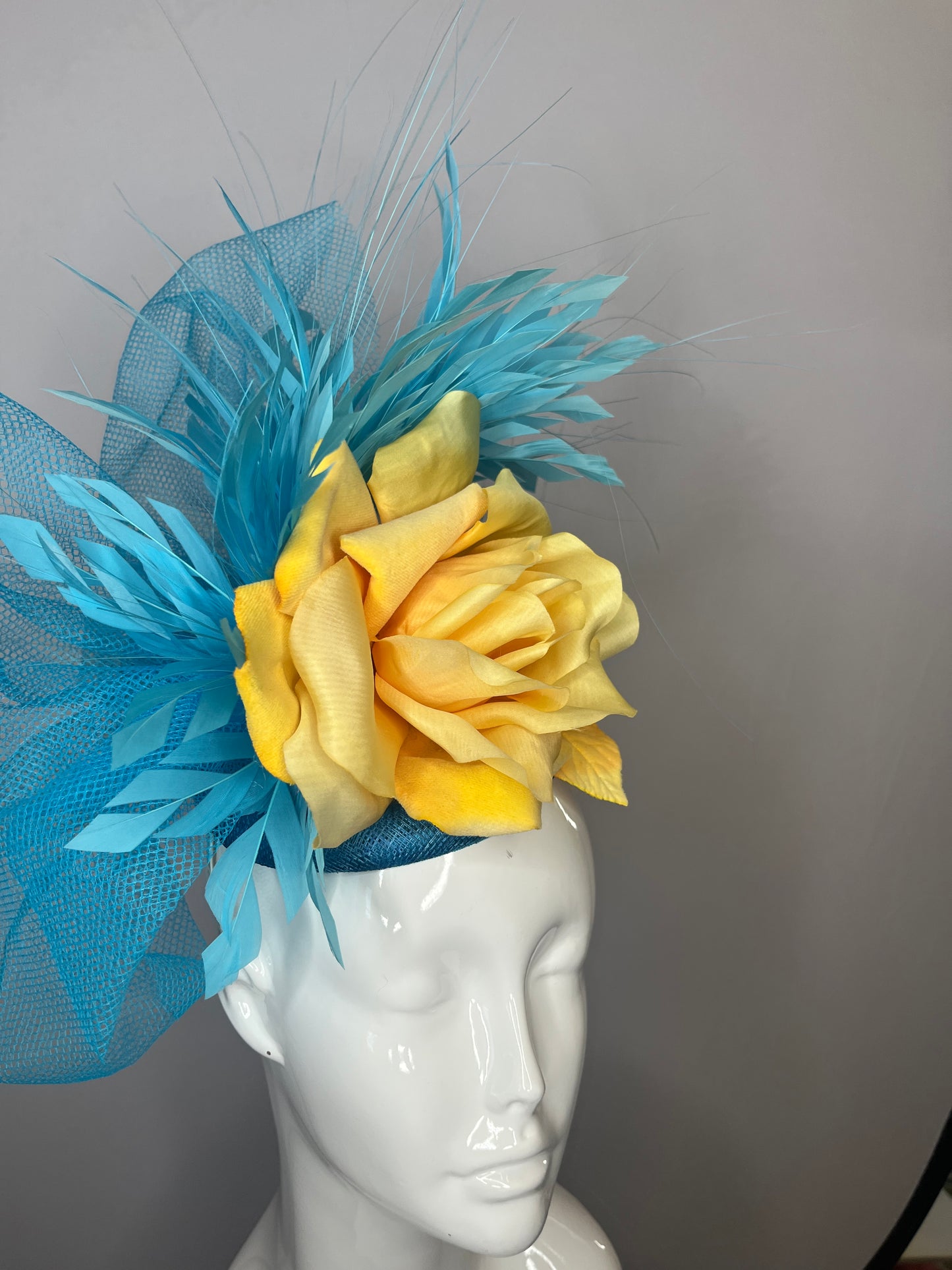 Turquoise Blue and Yellow Rose Fascinator Hat