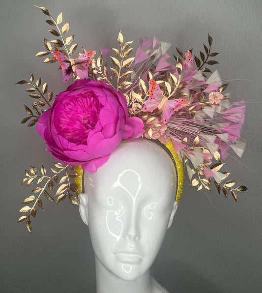 Golden Bloom Butterfly Fascinator  Luxe Headpiece with Pink Peony and Gold Accents