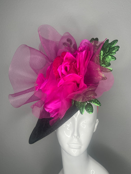 Black, Hot Pink and Green Glitter Fascinator Hat