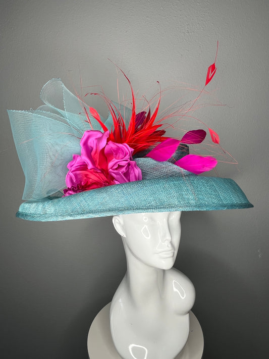 Aqua Brim Hat with Fuchsia Florals and Red Feather Accents