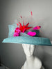 Aqua Brim Hat with Fuchsia Florals and Red Feather Accents