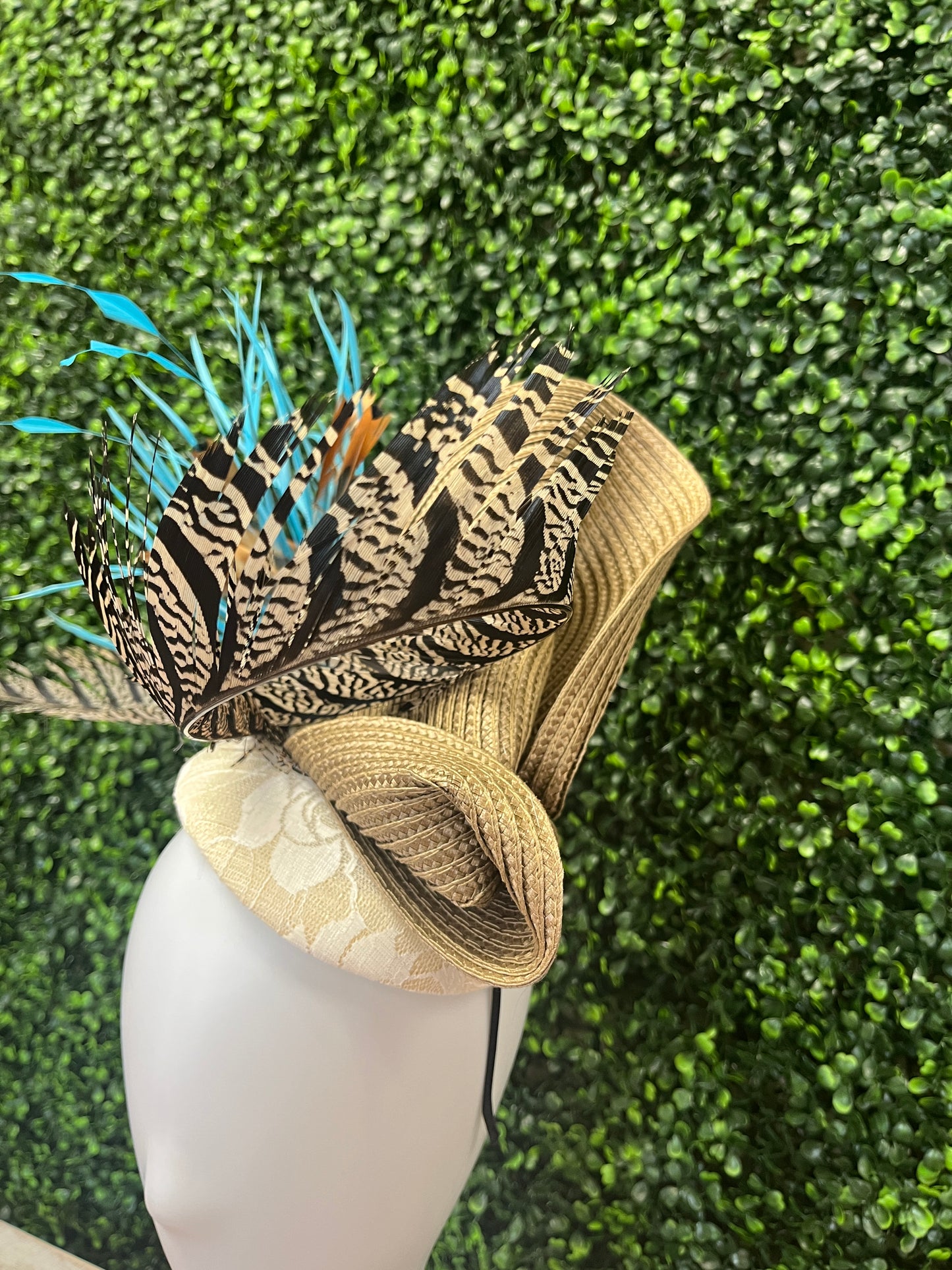 Neutral and Turquoise Pheasant Feather Fascinator Hat