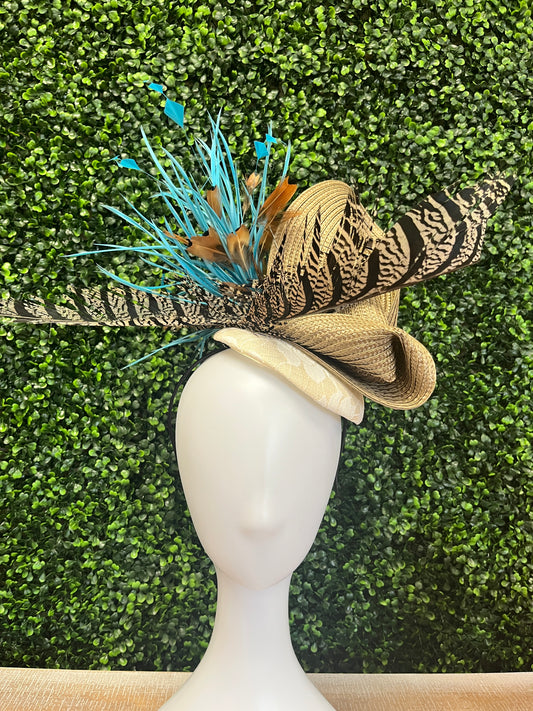 Neutral and Turquoise Pheasant Feather Fascinator Hat