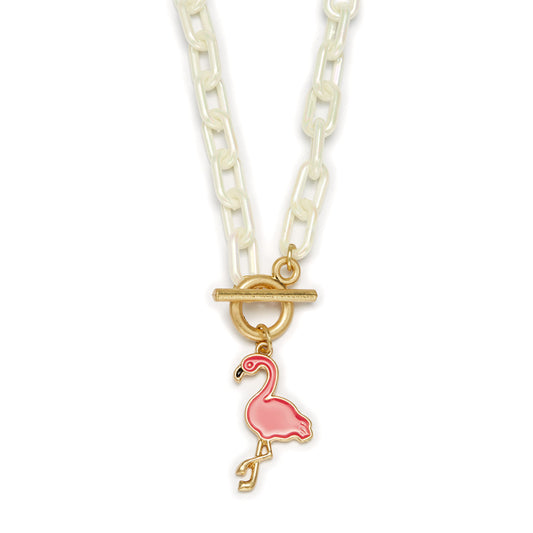 Kid's 15" Flamingo Charm With White Chunky Link Chain Necklace