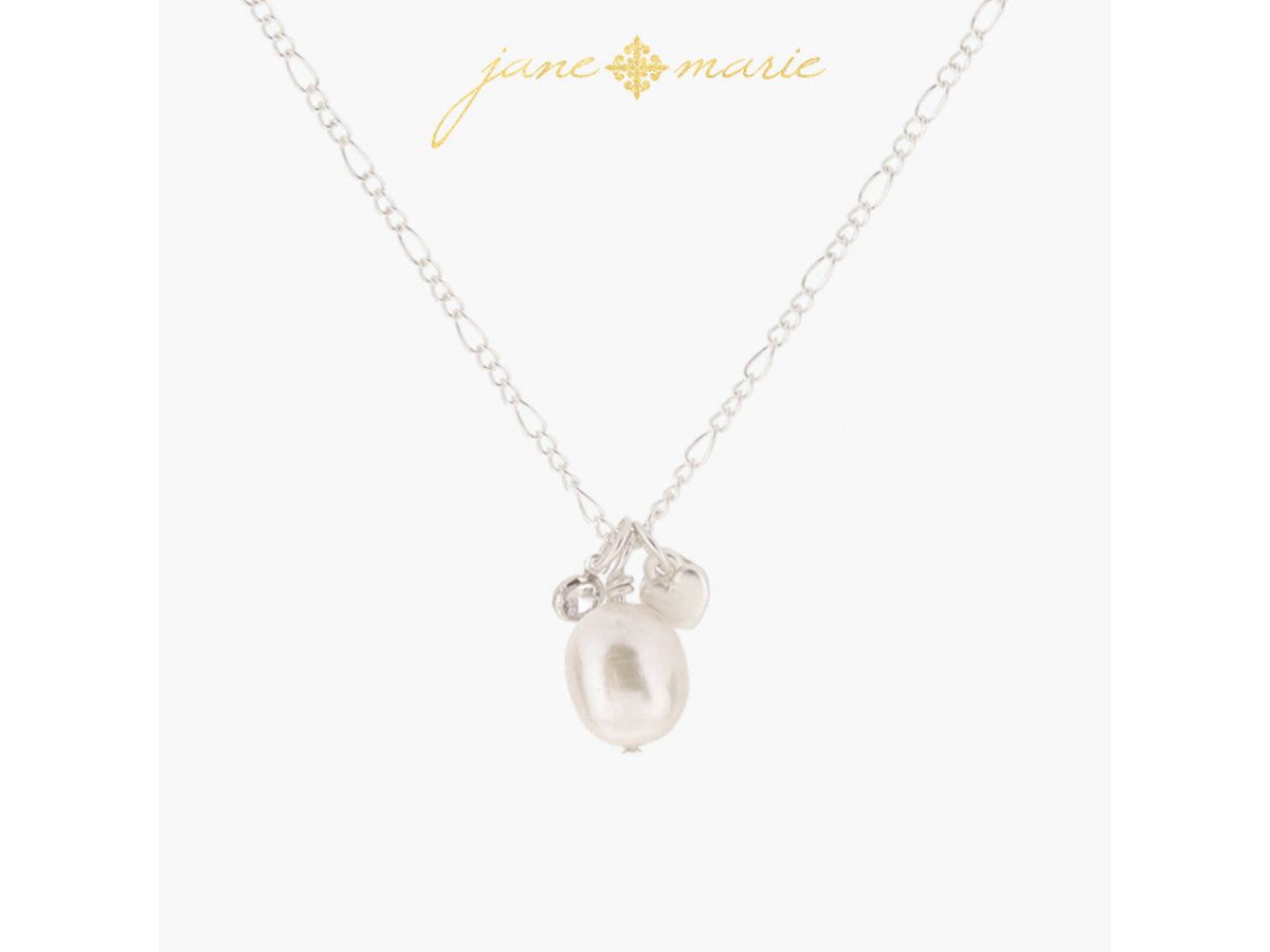 Mini Crystal, Pearl Drop, Silver Heart Necklace