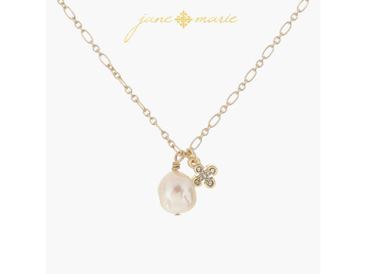 Pearl Drop, Rounded Gold Crystal Square Cross Necklace