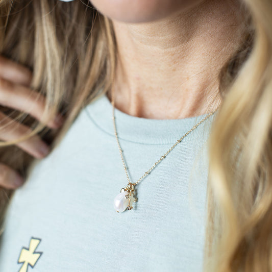 Gold Heart, Pearl Drop, Gold Studded Cross Necklace