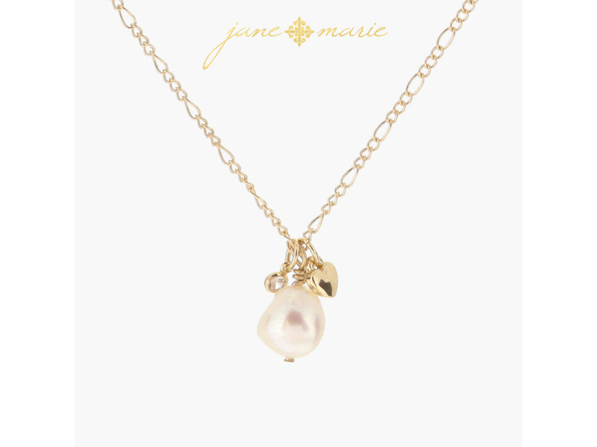 Mini Crystal, Pearl Drop, Gold Heart Necklace