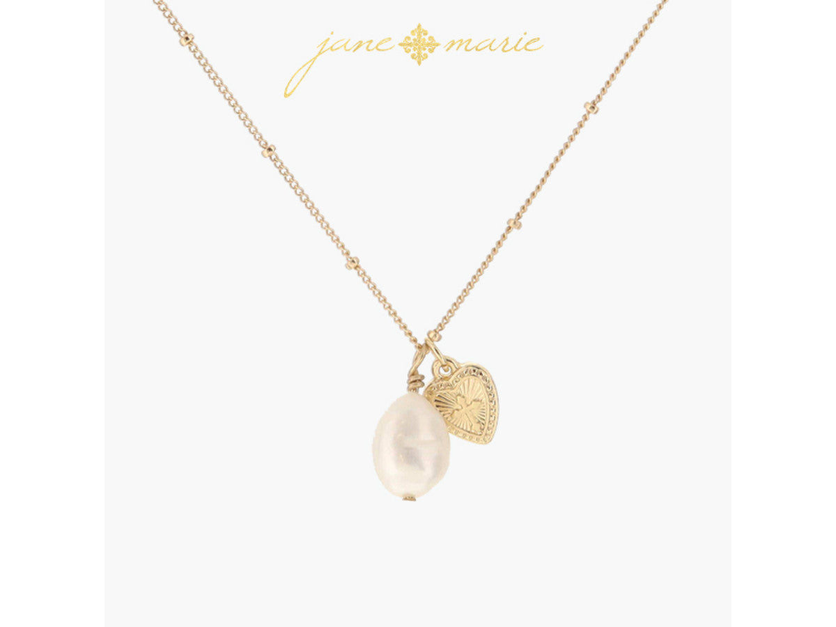 Pearl Drop, Gold Textured Heart With Cross Center Necklace