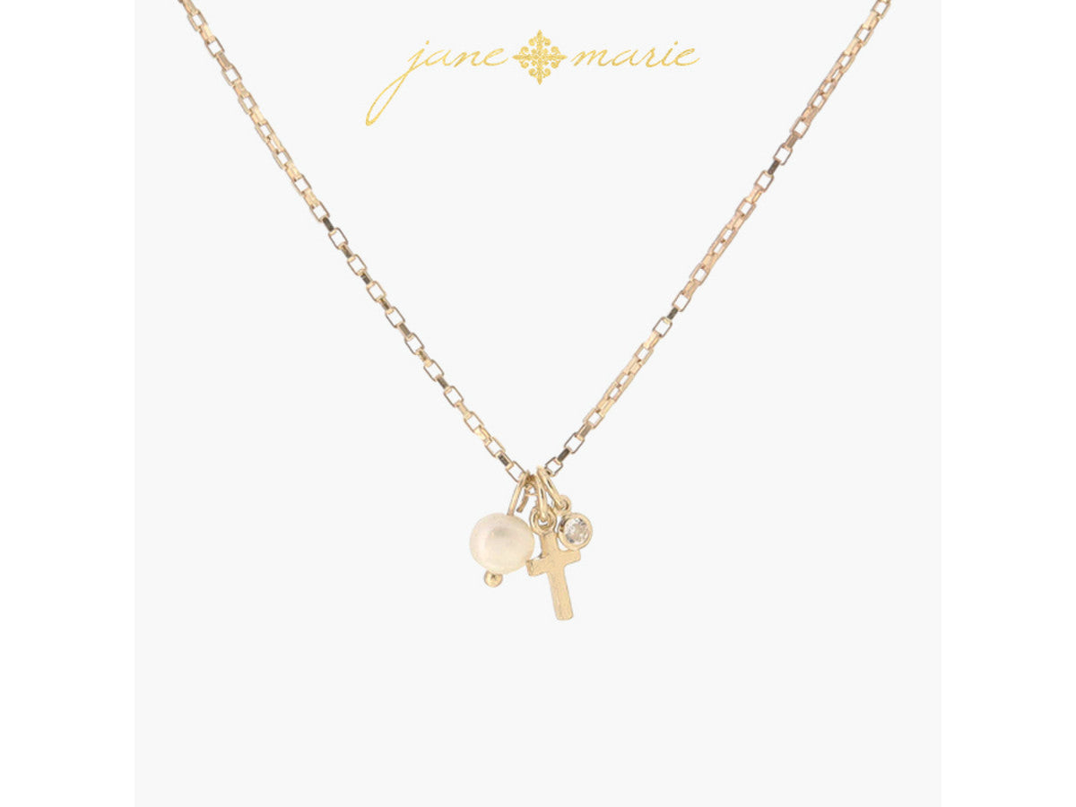 Small Coin Pearl, Gold Cross, Mini Crystal Necklace