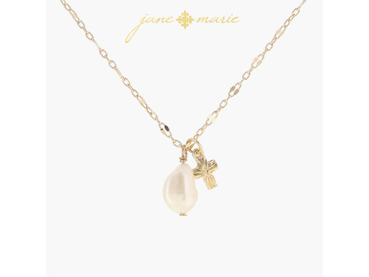 Pearl Drop, Starburst Textured Gold Cross Necklace