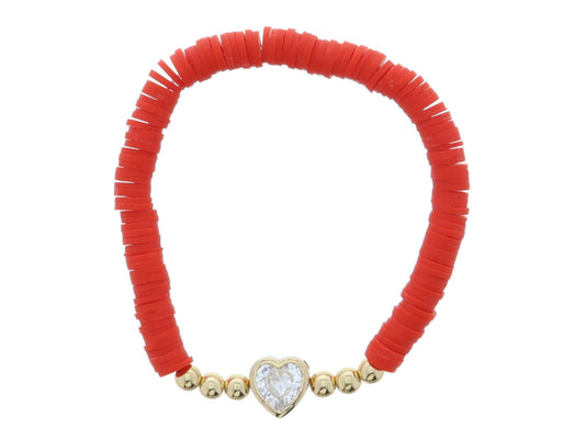 Kids Red Rubber Sequins and Clear Crystal Heart with Gold Bead Accents Bracelet