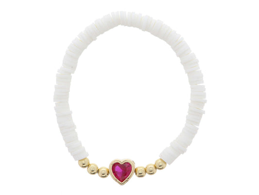 White Rubber Sequins and Dark Pink Crystal Heart with Gold Bead Accents Bracelet