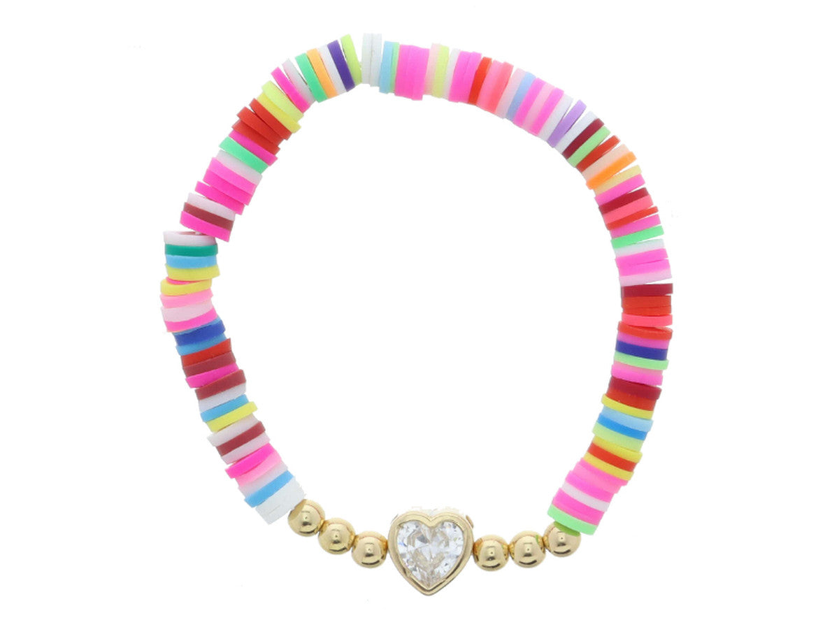 Multi Rubber Sequins And Clear Crystal Heart With Gold Bead Accents Bracelet