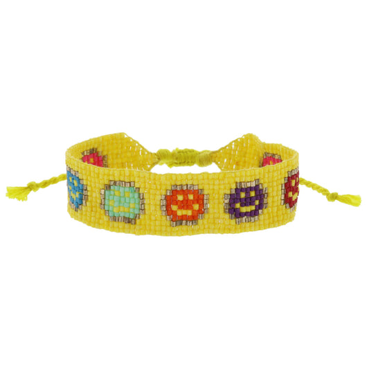 Golden Yellow with Gold and Multi Happy Faces Beaded Band Bracelet