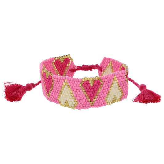 Pink with Gold and Hot Pink and Ivory Hearts Beaded Band Bracelet