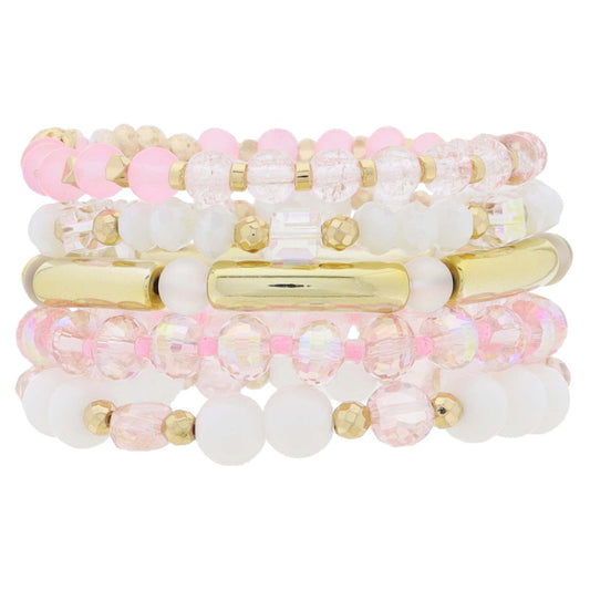Set of 5 Coordinating Gold, Soft Light Pink, White, Iridescent Multi Beaded Bracelets