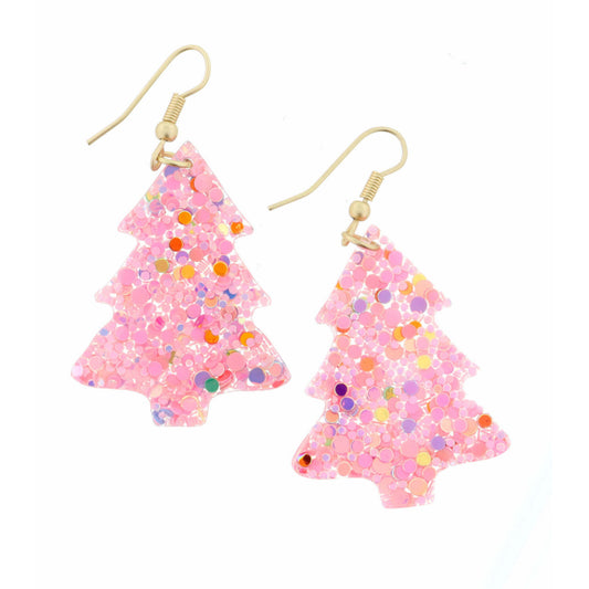 Pink Glitter Resin Christmas Tree Earrings