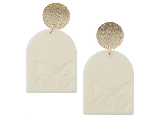 Gold Disc Post and Ivory Closed Arch with Butterfly Stamp Earrings