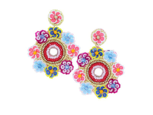 Pink Multi Beaded Flower Post with Pink Multi Beaded Flower Ring Earrings