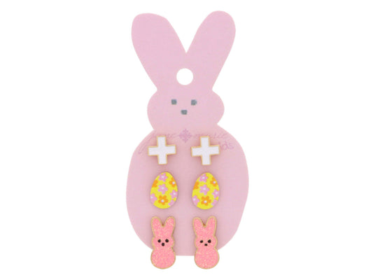 Kids 3 Stud Set, White Enamel Square Cross, Flower Easter Egg, Pink Glitter Enamel Bunny Earrings