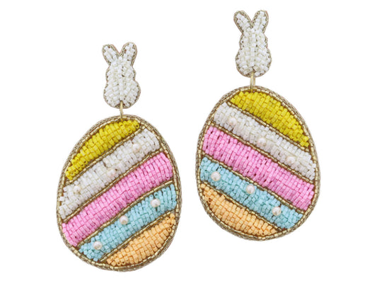 Mini Ivory Beaded Bunny Post And Multi Beaded Striped Easter Egg With Pearl Accents Earrings