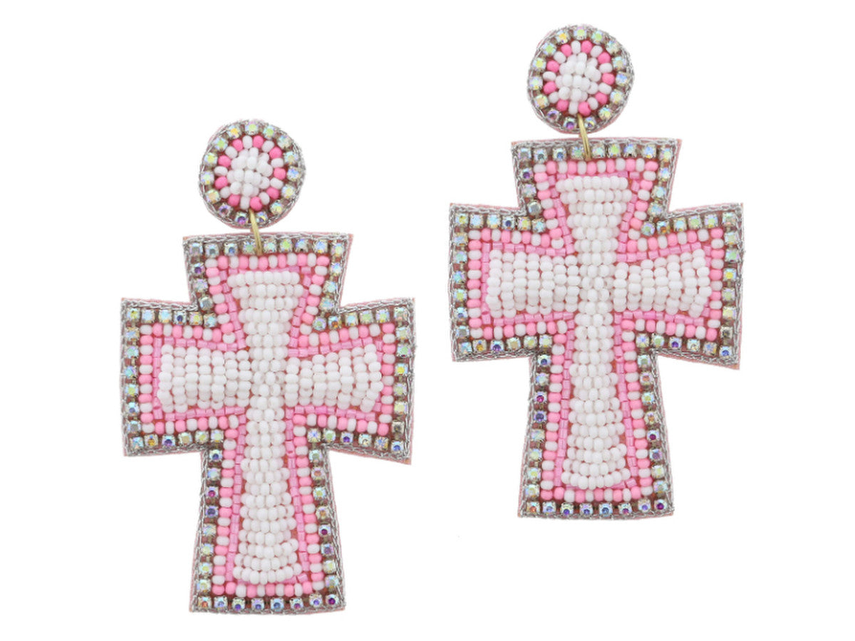 AB Crystal Lined And Pink And White Beaded Post And Cross Earrings