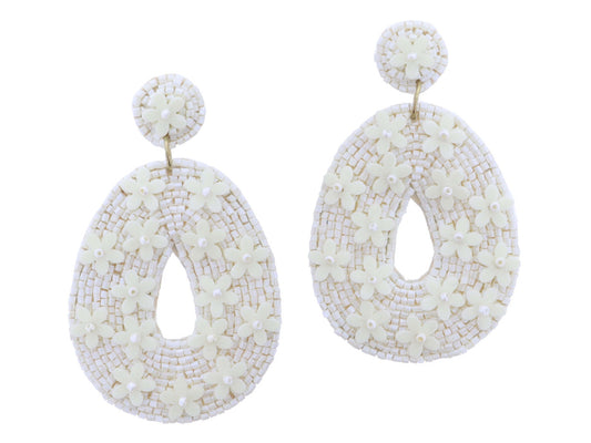Ivory Beaded Post And Open Oval With Ivory Flower Sequins Earrings