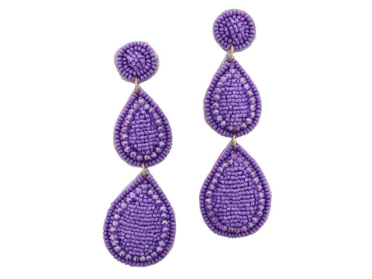 Purple Beaded Post With Tiered Purple Beaded Teardrops Earrings